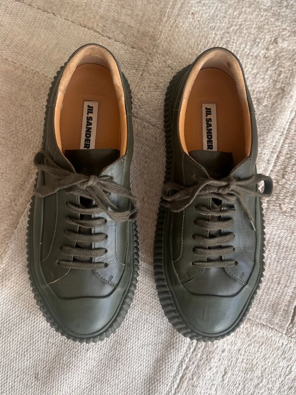 Jil Sander Dark Olive Green Leather Platform Sneakers – Size 38 - Picture 2 of 9